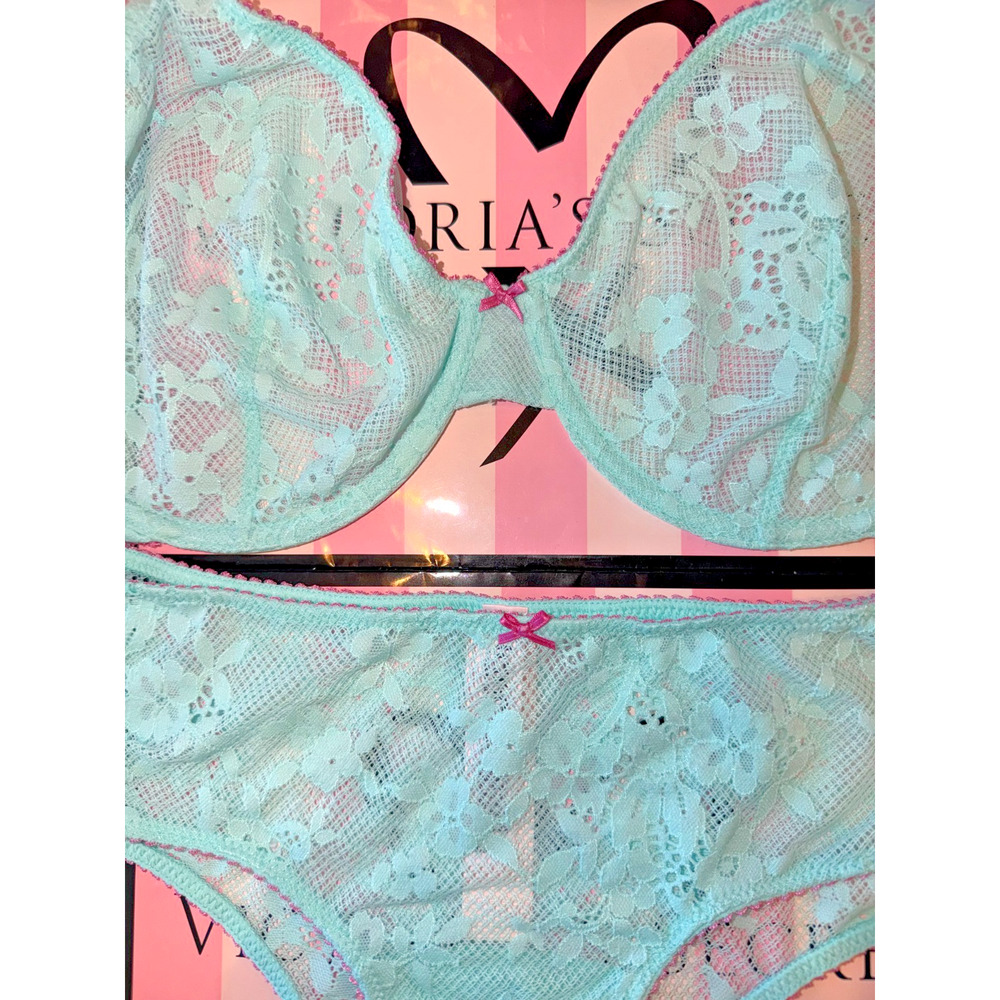 Victoria's Secret Bra Unlined Tease 36DDD Medium Teal /Pink Bows - Picture 2 of 4